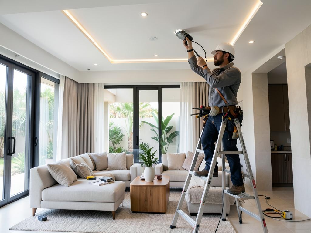 كهربائي يركب إضاءة سبوت لايت LED في سقف فيلا بجدة