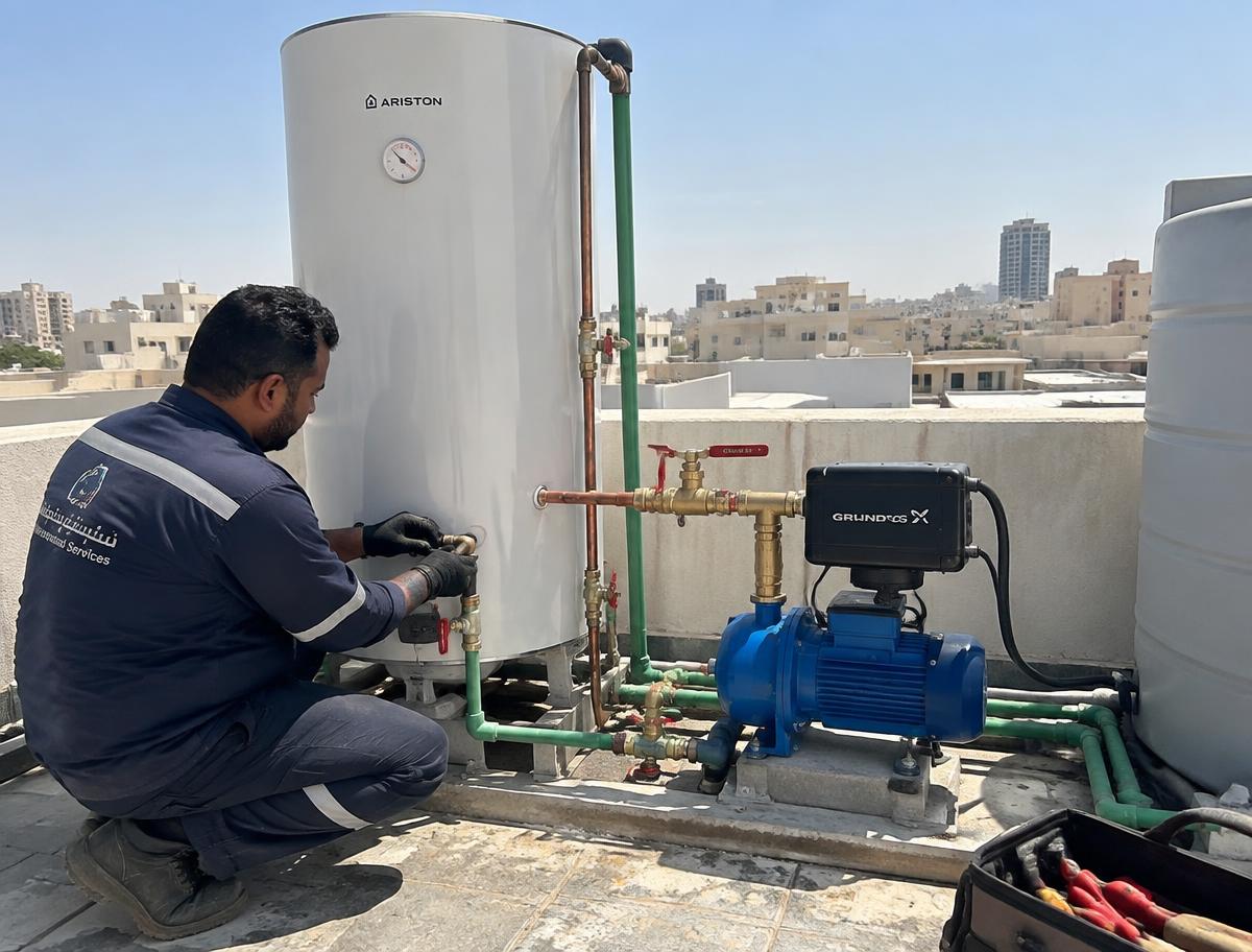 فني يركب سخان ماء ومضخة ضغط على سطح مبنى في جدة